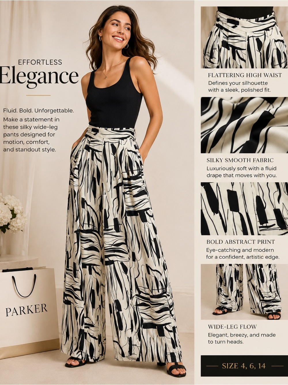 Parker Black & Cream Abstract Wide-Leg Pants